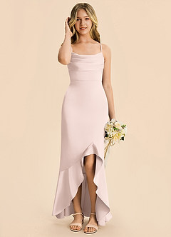 Azazie Magnolia Junior Blushing Pink Sheath Ruched Stretch Satin Dress image4