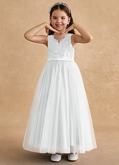 Azazie Cinna Flower Girl Dresses Diamond White A-Line Lace Tulle Dress image5