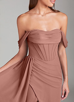 Azazie Amyra Bridesmaid Dresses Cedar Rose Sheath Off the Shoulder Chiffon Convertible Dress image5