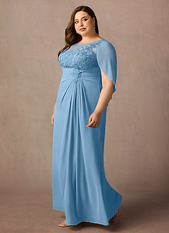 Azazie Hera vestidos de madre de la novia Vestido de Azul Acero de Gasa de Corte En A con Capa de encaje image8