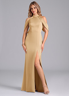 Azazie Bonny Bridesmaid Dresses Gold Mermaid Off the Shoulder Stretch Satin Dress image3