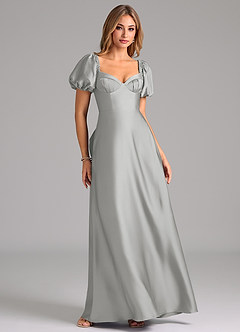 Azazie Fatima Bridesmaid Dresses Silver A-Line Pleated Stretch Satin Dress image1
