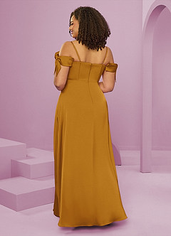 Barbie ♥ Azazie Bridesmaid Dresses Butterscotch A-Line Off the Shoulder Stretch Satin Dress image2