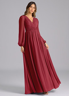 Azazie Palerma Bridesmaid Dresses Pomegranate A-Line Long Sleeve Chiffon Dress image4
