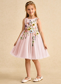 Azazie Prima vestidos de niña de las flores Vestido de Rosa Rubor de Tul de Corte En A con Lazo image5