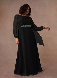 Azazie Priyanka Mother of the Bride Dresses Black A-Line Boatneck Pleated Chiffon Dress image7