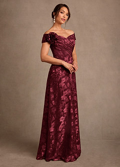 Azazie Bernadette Vestidos para mãe da noiva Vestido Cabernet de Esgotamento Floral de Linha A com Fora do ombro image2