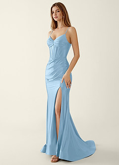 Indigo Sky Blue Satin V-neck Sequins Mermaid Prom Dress image5