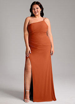 Azazie Eren Vestidos de madrinha de casamento Vestido Laranja Queimada de Chiffon de Bainha com Um ombro image10