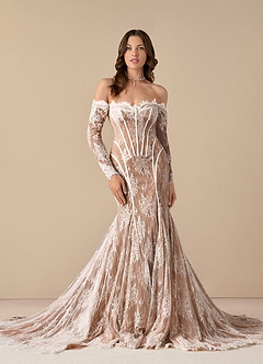 Azazie Katherine Wedding Dresses Diamond White Mocha Mermaid Off the Shoulder Tulle Dress image1