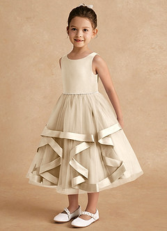 Azazie Posy Flower Girl Dresses Champagne A-Line Beaded Tulle Dress image3