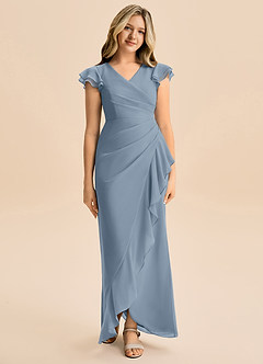 Azazie Julie Junior Dusty Blue Mermaid Ruched Chiffon Dress image4