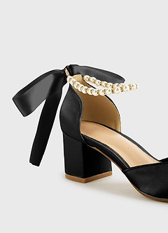 front Satin-Pumps mit spitzer Spitze und Blockabsatz, Perlen und Schleife
