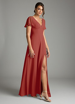 Azazie Kimber Bridesmaid Dresses Terracotta A-Line Flounce Sleeve Chiffon Dress image6