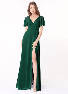 Azazie Kimber Bridesmaid Dresses Emerald A-Line Flounce Sleeve Chiffon Dress image1