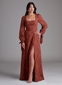 Azazie Leonia Bridesmaid Dresses Terracotta A-Line Long Sleeve Floral Burnout Dress image1
