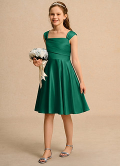 Azazie Budle Girls Formal Flower Girl Dresses Emerald A-Line Pleated Matte Satin Dress image5
