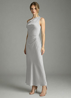 Azazie Emerson Robes de demoiselle d'honneur Robe Sirène en Satin extensible Épaule décolletée Argent image4