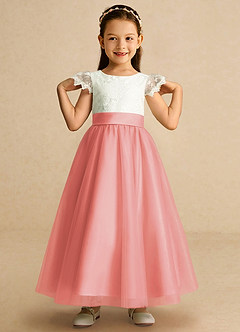 Azazie Pookie Flower Girl Dresses Coral A-Line Lace Tulle Dress image3