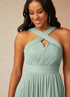 Azazie Hillian At-home Try On Dresses Agave A-Line Halter Pleated Mesh Dress image5