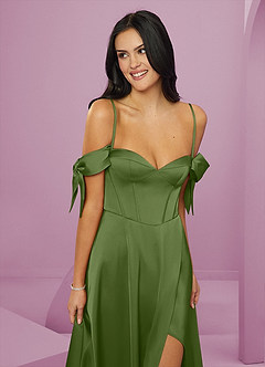 Barbie ♥ Azazie Robes de demoiselle d'honneur Robe Trapèze en Satin extensible Épaule décolletée Genévrier image7