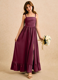 Azazie Maisie Girls Formal Flower Girl Dresses Mulberry A-Line Ruched Stretch Satin Dress image1