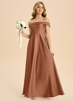 Azazie Sissy Junior Abito A-Line in Raso Elasticizzato a Spalla Scoperta Bronzo image3