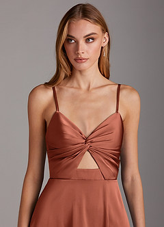 Azazie Jenna Bridesmaid Dresses Clay A-Line Pleated Stretch Satin Dress image6
