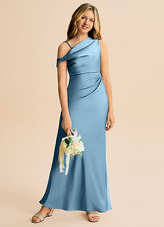 Azazie Emerson Junior Steel Blue Sheath Off the Shoulder Stretch Satin Dress image5