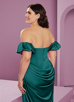 Barbie ♥ Azazie Robes de demoiselle d'honneur Robe Fourreau Convertible en Satin extensible Épaule décolletée Paon image17
