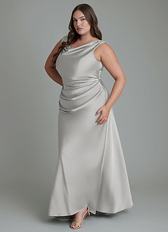 Azazie Kieryn Vestidos de madrinha de casamento Vestido Prata de Cetim elástico de sereia com Plissado image11