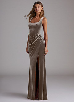 Azazie Mero Vestidos de damas de honor Vestido de Taupe Plateado de terciopelo de Corte Recto con Plisado image3