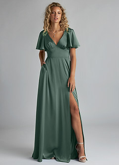 Azazie Kimber Robes de demoiselle d'honneur Robe Trapèze en Satin extensible Rayé Mousse De Mer image1