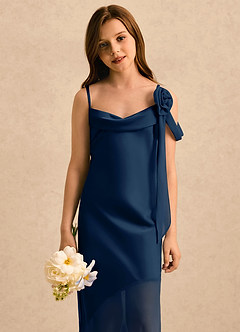 Azazie Kai Girls Formal Abiti da Ragazza di Fiori Abito Tubino in Raso Elasticizzato Plissettato Marino Scuro image5