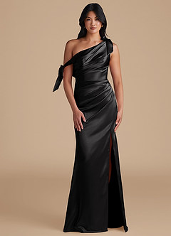 Azazie Xyla Bridesmaid Dresses Black Sheath Off the Shoulder Metallic Satin Convertible Dress image1