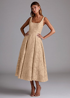 Azazie Amalie Bridesmaid Dresses Champagne A-Line Pleated Floral Burnout Dress image1