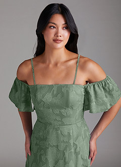 Azazie Sue Robes de demoiselle d'honneur Robe Trapèze Convertible en Blumen-Burnout Épaule décolletée Matcha image2