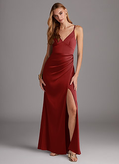 Azazie Shania Bridesmaid Dresses Pomegranate Sheath V-Neck Pleated Stretch Satin Dress image1