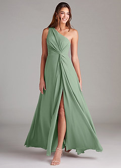 Azazie Brooke Vestidos de damas de honor Vestido de Matcha de Gasa de Corte en A con Hombro unilateral image1