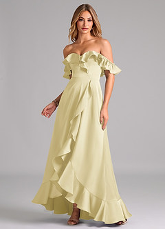 Azazie Lyra Robes de demoiselle d'honneur Robe Trapèze Convertible en Satin extensible Épaule décolletée Sorbet Citron image1