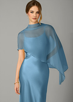 Azazie Jaleesa Robes de demoiselle d'honneur Robe Trapèze en Satin extensible Col Haut Acier Bleuté image2