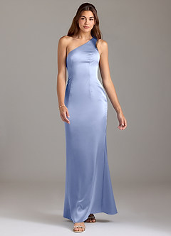 Azazie Arleth At-home Try On Dresses Ice A-Line One Shoulder Stretch Satin Dress image3