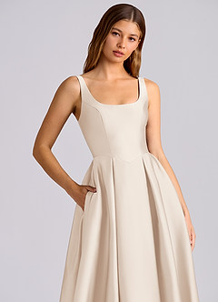 Azazie Amalie 신부 들러리 드레스 A라인 주름진 스트레치 새틴 티 길이 드레스 image2