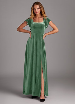 Azazie Bondi Bridesmaid Dresses Eucalyptus A-Line Side Slit Velvet Dress image4