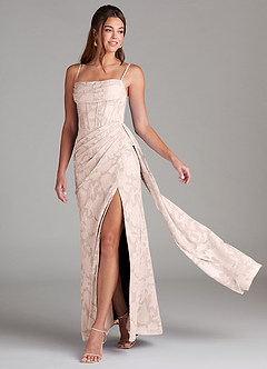 Azazie Denisa Bridesmaid Dresses Blushing Pink Sheath Pleated Floral Burnout Dress image1