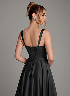 Azazie Azaria At-home Try On Dresses Black A-Line Corset Stretch Satin Dress image2
