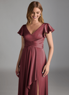 Azazie Omari Bridesmaid Dresses Merlot A-Line Stretch Satin Dress image4