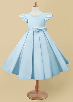 Azazie Jewel Flower Girl Dresses Sky Blue Ball-Gown Pleated Matte Satin Dress image4