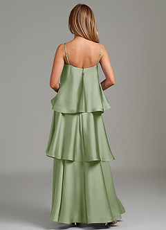 Azazie Azalea At-home Try On Dresses Dusty Sage A-Line Ruched Stretch Satin Dress image4