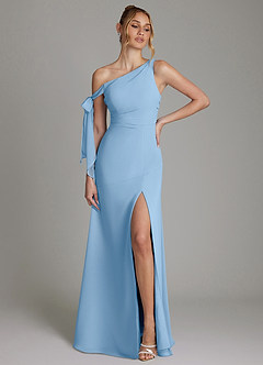 Azazie Aylin Bridesmaid Dresses Powder Blue Sheath Off the Shoulder Chiffon Dress image1